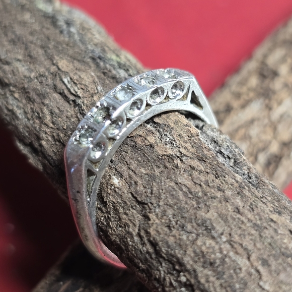 Vintage Wedding Band Circa 1920-1930's Sterling Silver With Diamonds Size 6